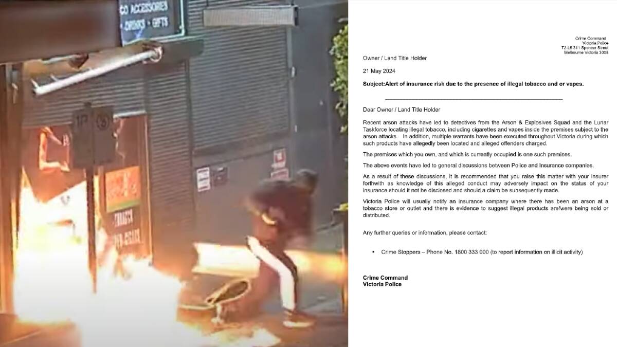 CCTV footage of an alleged arson attack on a Melbourne tobacconist in November 2023 (left) and a letter from police over the changes to insurance policy (right). Picture supplied