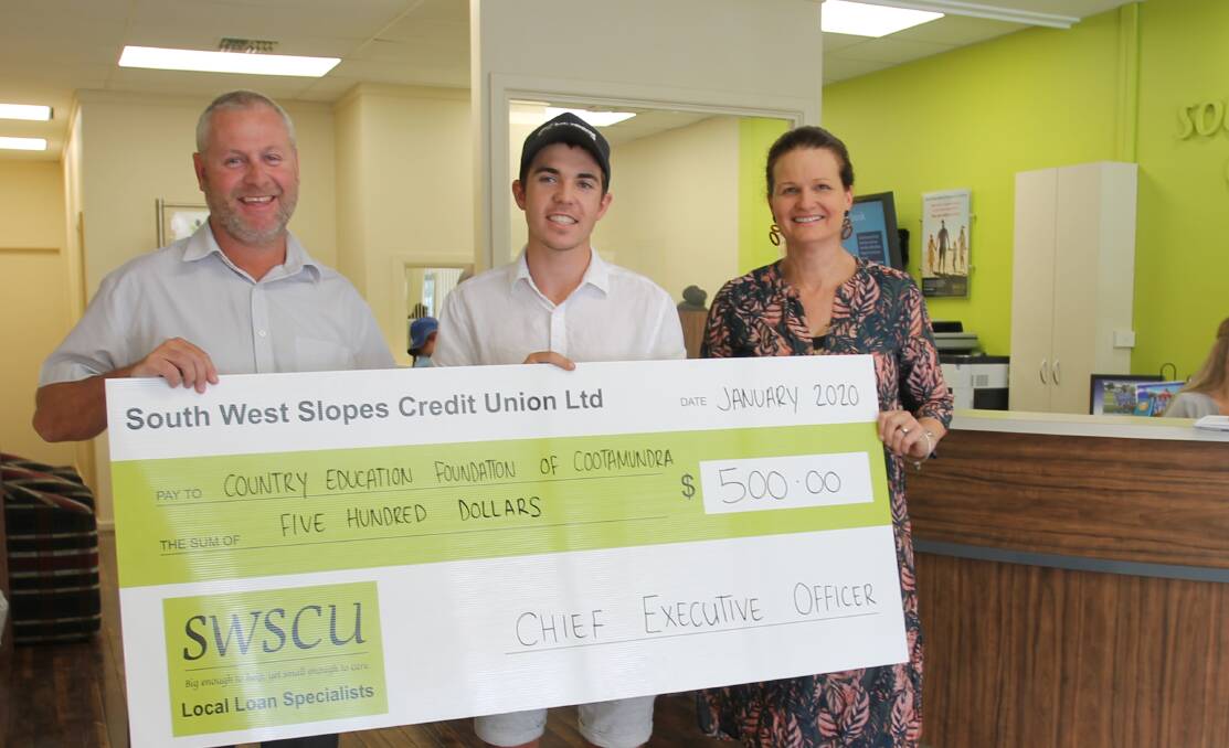 South West Slopes Credit Union manager Scott Meale, electro-technology student and apprentice Ky White, and CEF secretary Rebecca Bragg with a cheque for $500 from SWSCU to CEF (see story page 3)