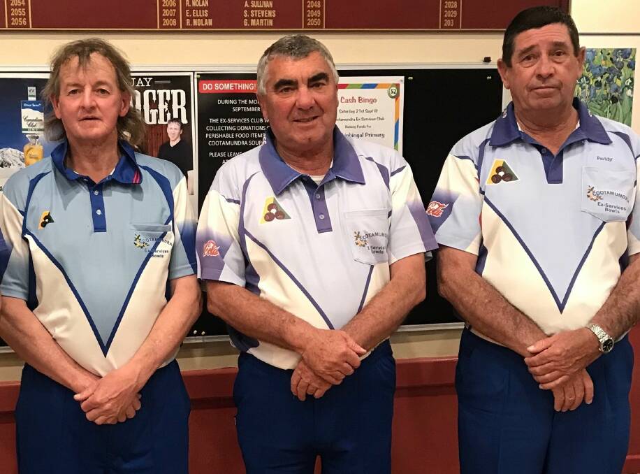 THREE TIMES LUCKY: Cootamundra Ex-Services Bowls 2019 Club Triples champions Nigel Buttriss, Mick Willis and Pat O'Brien. The trio were also part of the Club Fours winning team.